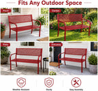 Heavy Duty Red Metal Patio Garden Bench for 2 – 50" Wide, 790 lbs Capacity – Weather Resistant – Geometric Backrest & Slatted Seat – Porch, Yard, Deck, Entryway – Red