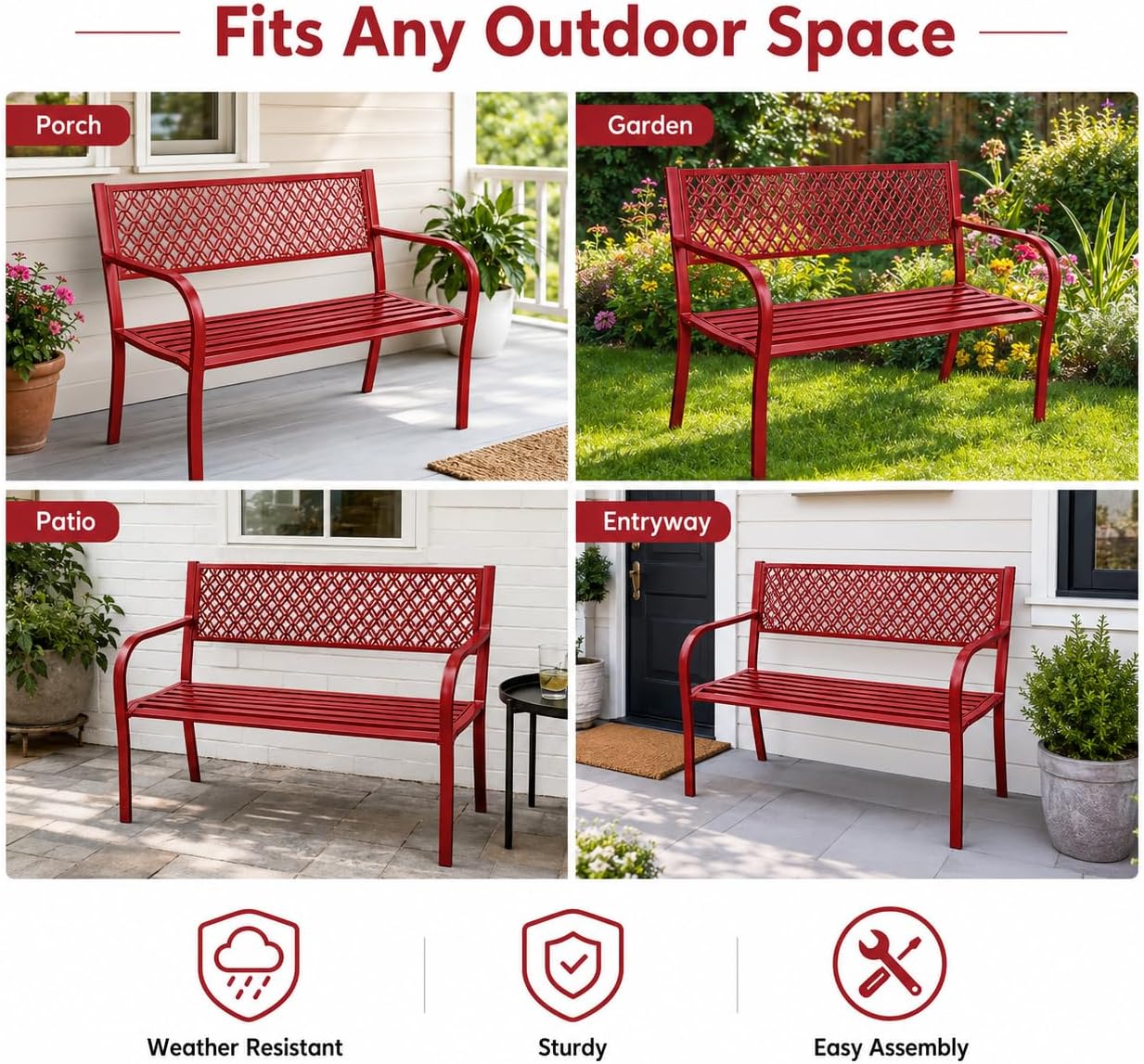 Heavy Duty Red Metal Patio Garden Bench for 2 – 50" Wide, 790 lbs Capacity – Weather Resistant – Geometric Backrest & Slatted Seat – Porch, Yard, Deck, Entryway – Red