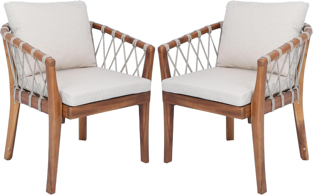 Elountik Patio Dining Chairs Set of 2, Acacia Wood Frame with Teak Finish, Multi Brown Rope Weave, Water Repellent Beige Cushion for Backyard Garden Balcony