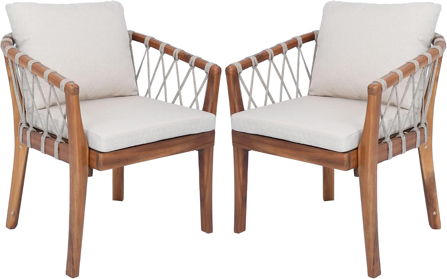 Elountik Patio Dining Chairs Set of 2, Acacia Wood Frame with Teak Finish, Multi Brown Rope Weave, Water Repellent Beige Cushion for Backyard Garden Balcony