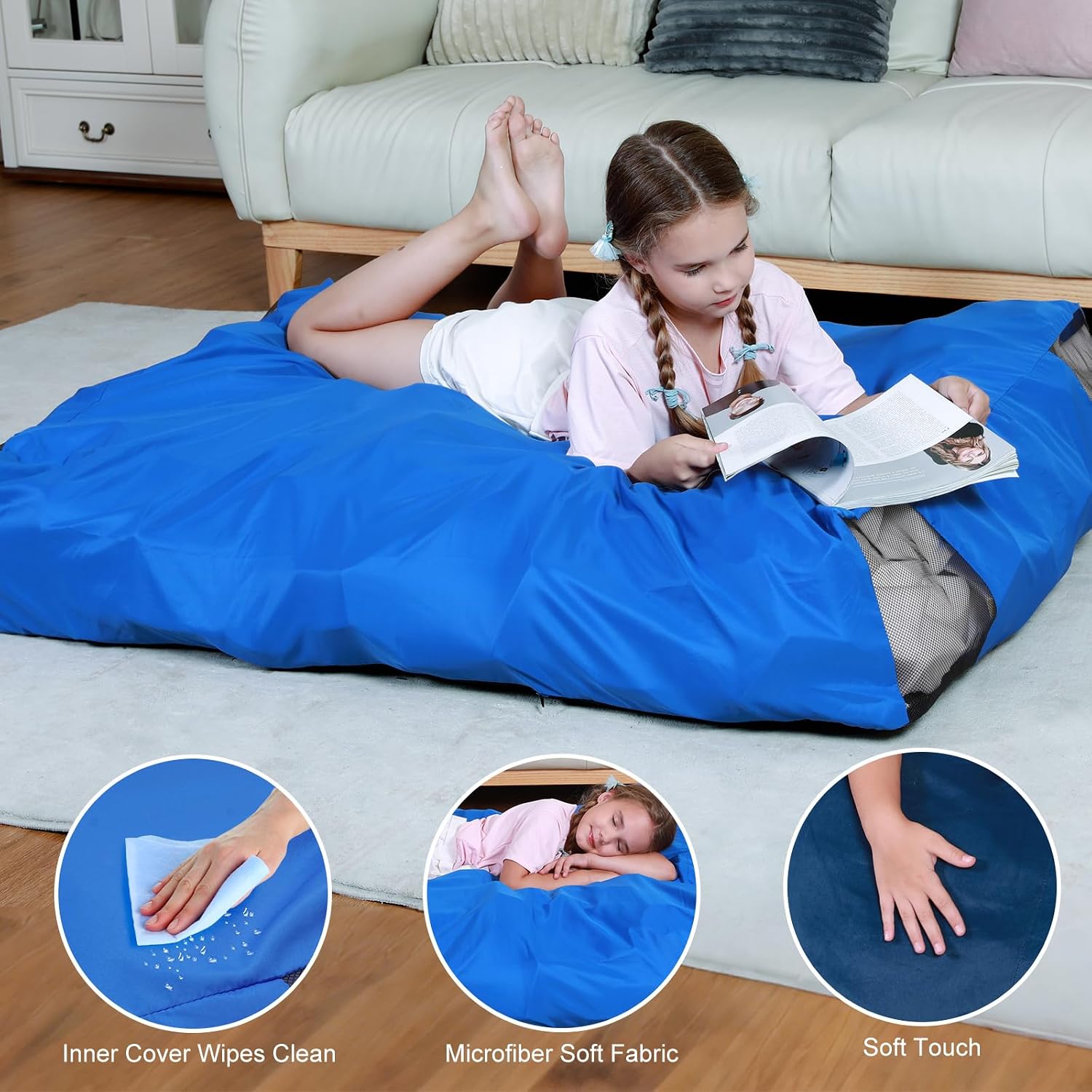 Bean Bag Chair Sensory Crash Pad, Convertible Foam Lazy Sofa Bed for Kids | Supportive memory blocks | Machine washable velour cover | Non-slip base breathable mesh panels | Sturdy carry handle pocket