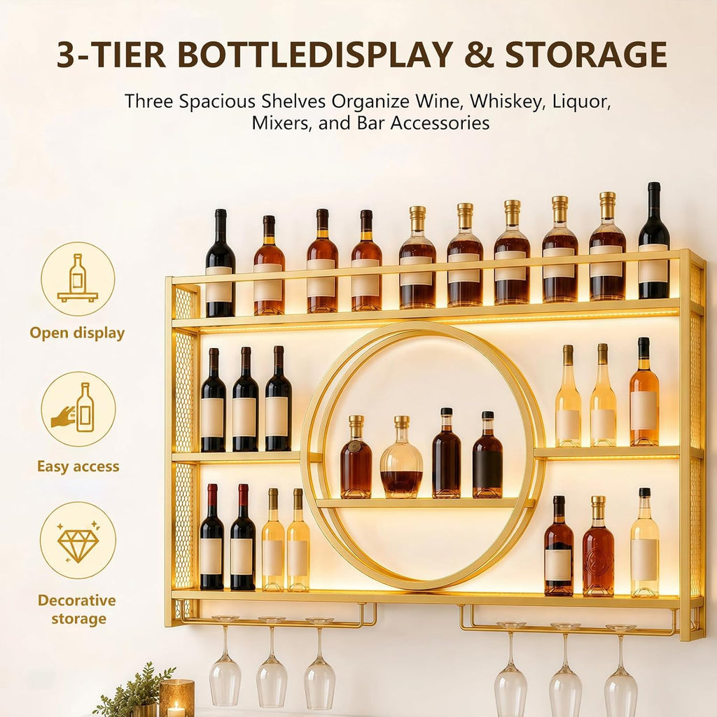 Wine Rack Wall Mounted with LED Lights - 3 Tier Metal Liquor Bottle Display Shelf with Glass Holder, Modern Home Bar Decor for Kitchen and Dining Room (Gold, 39.4 Inch)