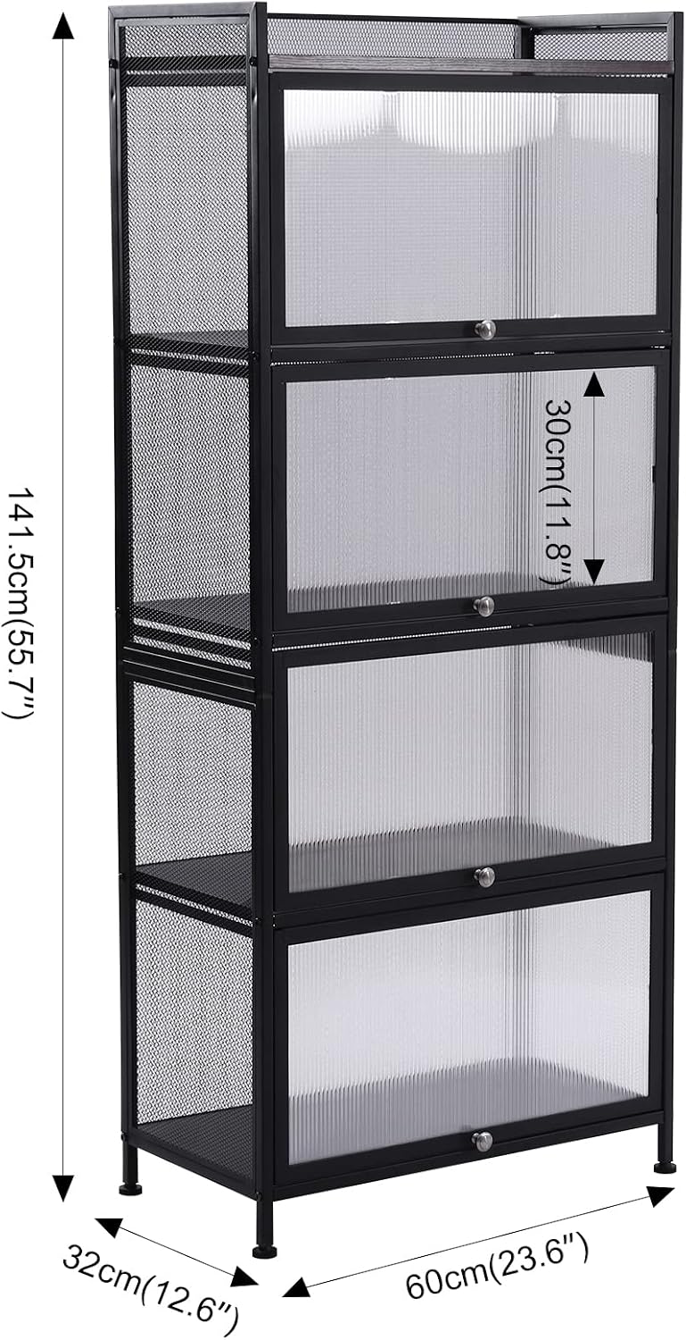 60x32x141.5cm Black Mesh Pantry Rack, 5-Tier Storage Cabinet with Flip-Up Doors, Rolling Wire Shelf Organizer for Kitchen Garage, Narrow Slim Cart on Wheels, Locking Casters, Adjustable Leveling Feet