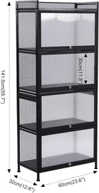 60x32x141.5cm Black Mesh Pantry Rack, 5-Tier Storage Cabinet with Flip-Up Doors, Rolling Wire Shelf Organizer for Kitchen Garage, Narrow Slim Cart on Wheels, Locking Casters, Adjustable Leveling Feet