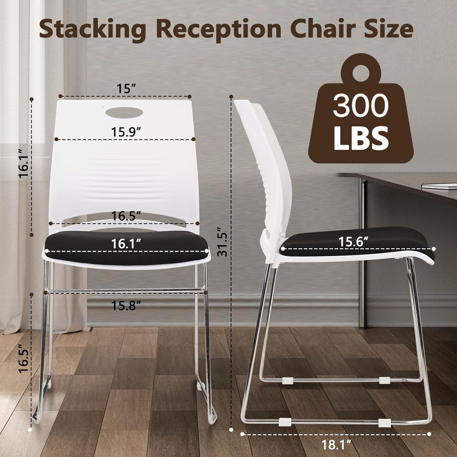 CLATINA Stacking Home Office Guest Chair, Reception Stackable Chairs with Metal Sled Base, Conference Lobby Waiting Training School Kitchen Banquet Chair, Plastic Desk Chairs No Wheels, White, 8 Pack