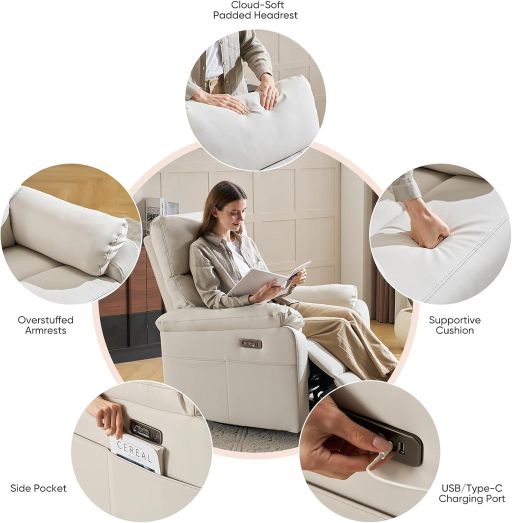 Power Rocking Chair Nursery with Adjustable Lumbar Support,Swivel Rocker Recliner with Overstuffed Armrests, Nursery Glider Recliner for Bedroom & Livingroom, USB & Type-C, Faux Leather Beige
