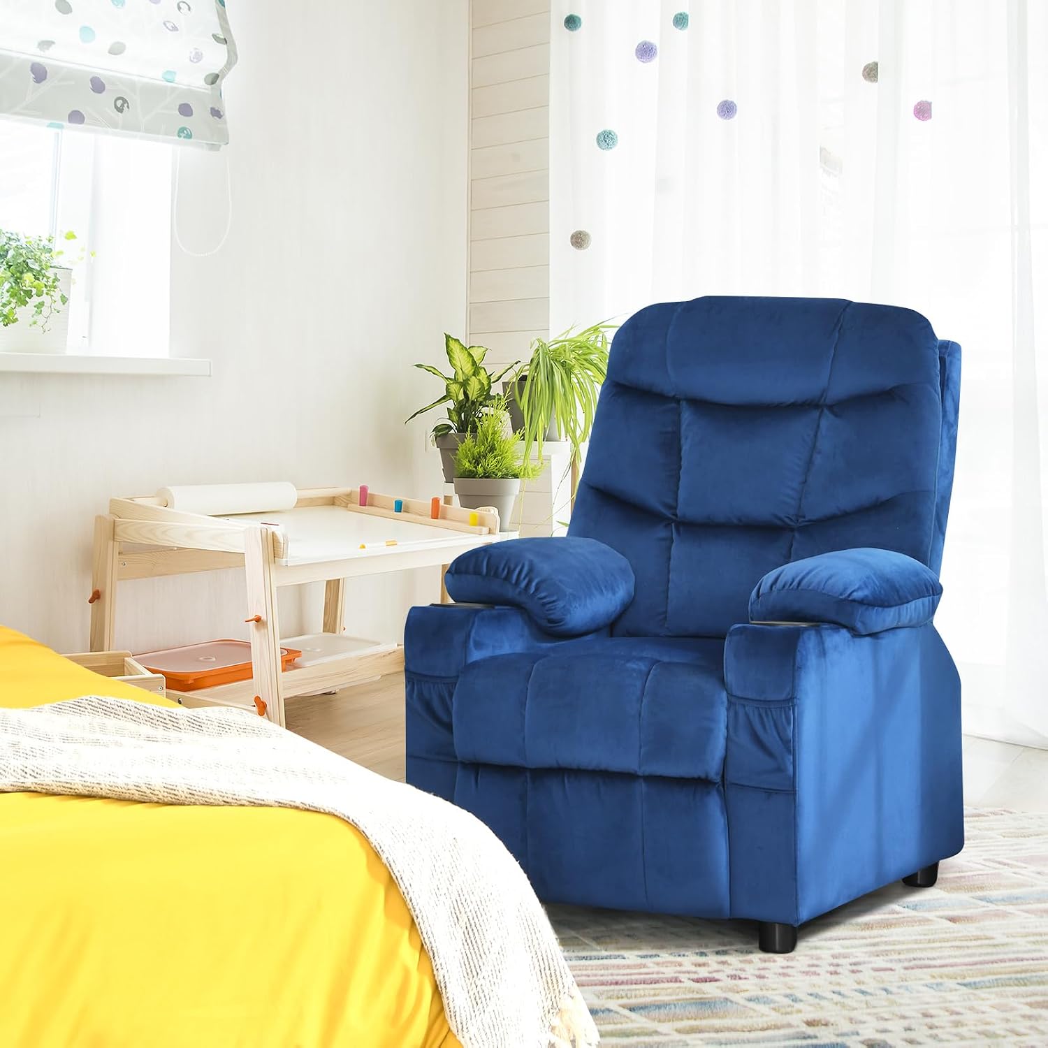 GLACER Kids Recliner, Velvet Adjustable Toddler Lounge Chair w/Cup Holder, Footrest, Lumbar Support, Armrests, Side Pockets, Kids Recliner Chairs for Boys Girls Age 3+ (Blue)