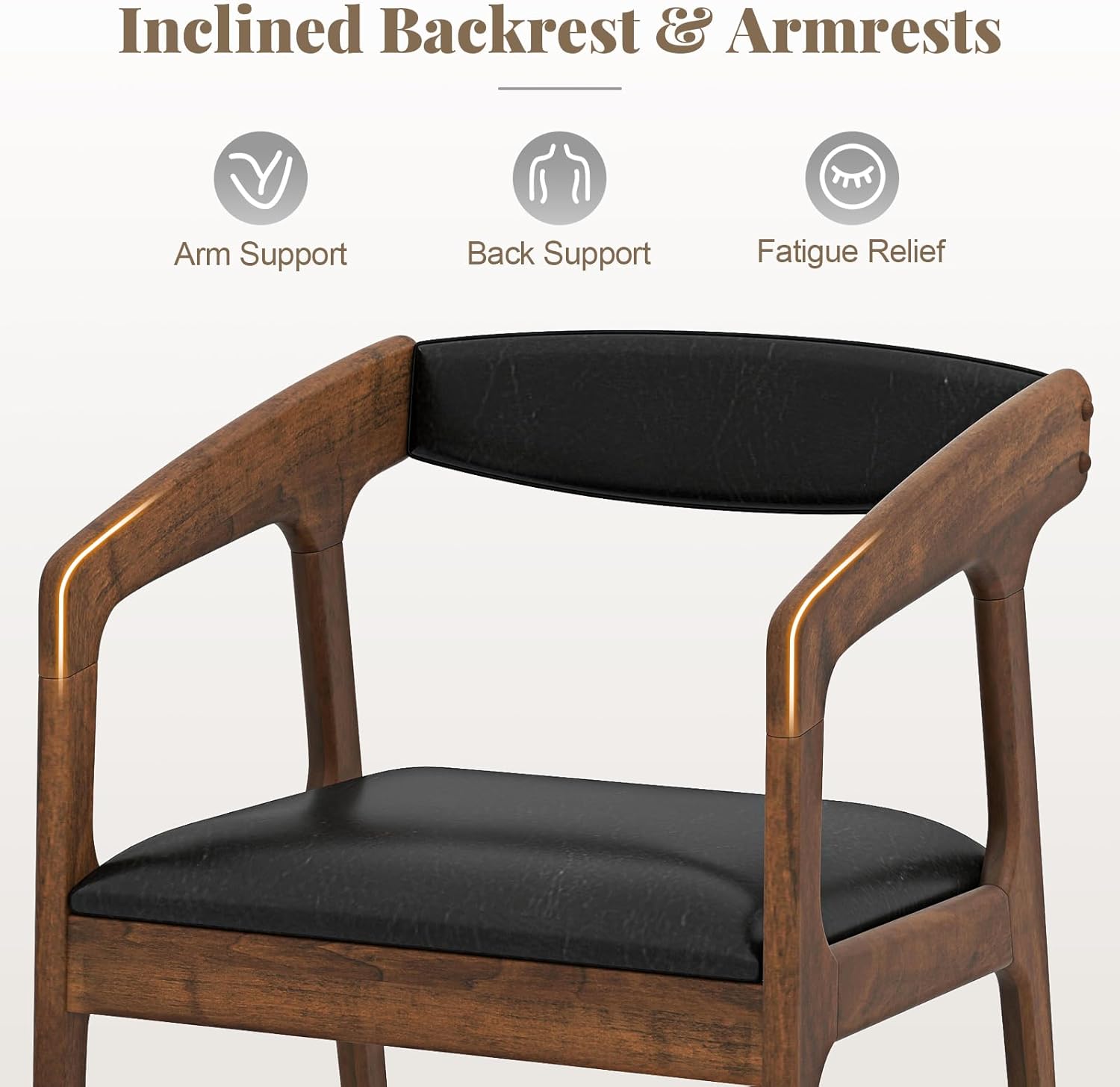 COSTWAY Dining Chairs with Arms Set of 4, Mid Century Modern Wooden Accent Chairs with Faux Leather Seat & Padded Backrest, Kitchen Side Armchairs for Living Dining Reading Room, Brown & Black