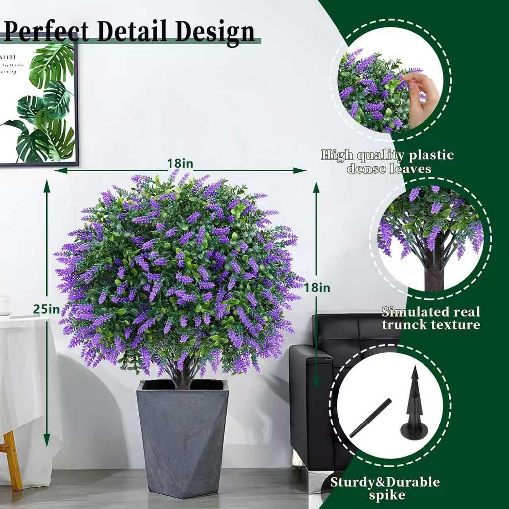 Artificial Lavender Topiary Ball Trees, 2 Set of UV Resistant Fake Evergreen Shrubs Bushes Plants with Ground Spike, Fake Plants for Outdoor Indoor Front Porch Garden
