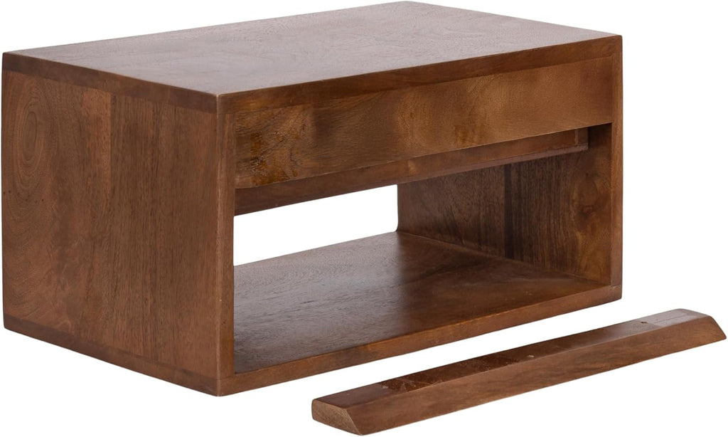 Kate and Laurel Reid Ribbed Wooden Tiered Floating Side Table, 18 x 10 x 9, Walnut Brown, Modern Rectangular Mango Wood Floating Nightstand with Drawer for Bedroom Storage or Living Room End Table