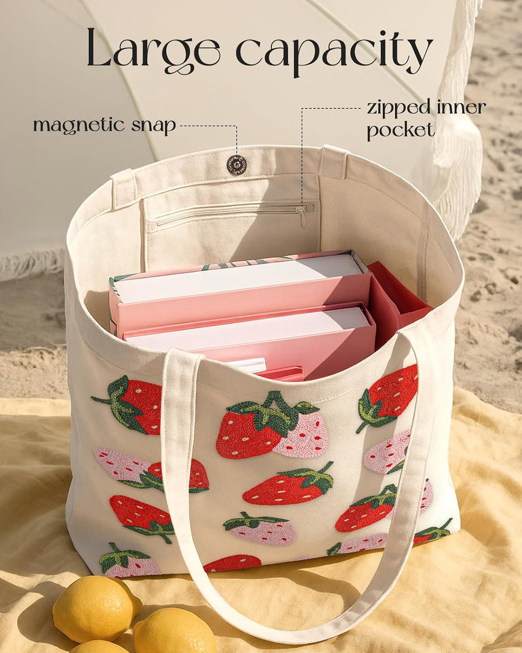 Miss Adola Embroidery Tote Bag with Pocket & Buckle - Reusable Canvas Tote for Women Cute Aesthetic Work Shopping Grocery Bag