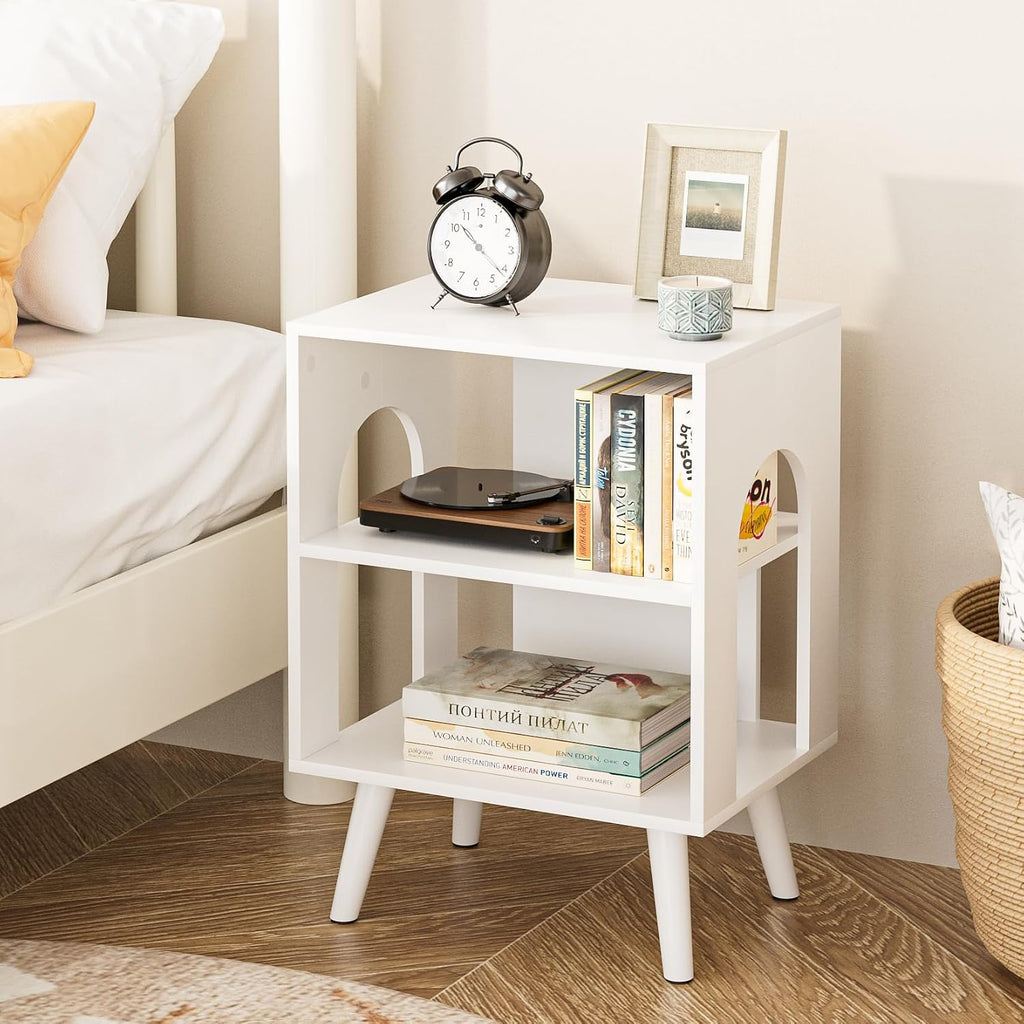 Masupu Night Stand, 3-Tier Modern Nightstand with Open Storage, Wooden Bed Side End Table for Small Space, Living Room, Bedroom, Nursery, White