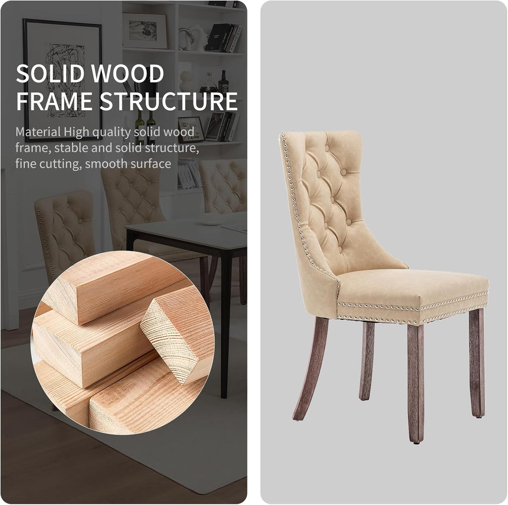 Leather Dining Chairs Set of 6, Upholstered Dining Room Chairs with Nailhead Trim, Sillas de Comedor Modernas 6, Wooden Kitchen Chairs for Dining Room, Living Room, Kitchen, Bedroom, Beige