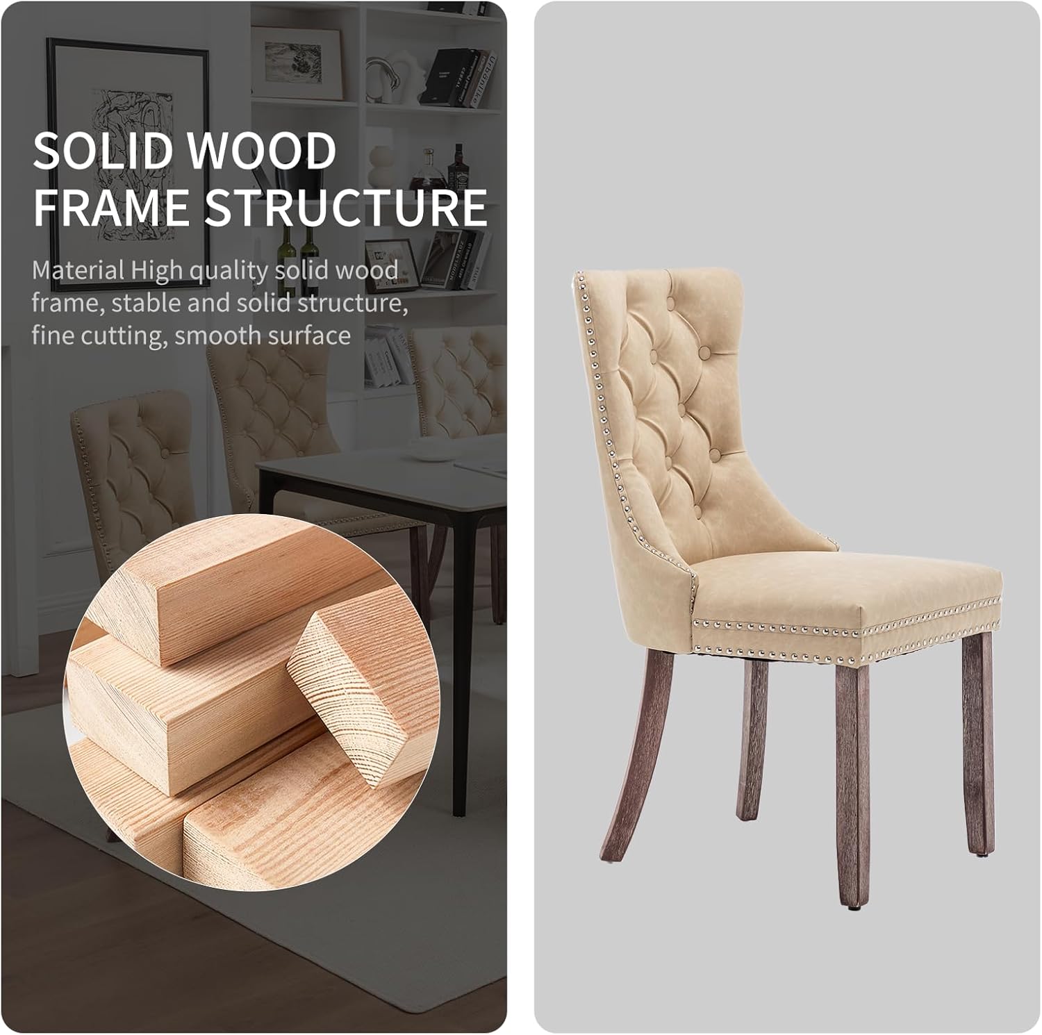 Leather Dining Chairs Set of 6, Upholstered Dining Room Chairs with Nailhead Trim, Sillas de Comedor Modernas 6, Wooden Kitchen Chairs for Dining Room, Living Room, Kitchen, Bedroom, Beige
