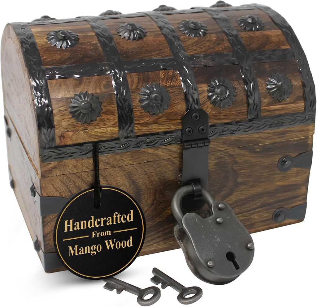 Nautical Cove Wooden Pirate Treasure Chest with Lock & Skeleton Key Small | Handmade Wooden Storage Box Kids Treasure Chest For Jewelry, Coins, Trinkets, Keepsake Gifts, Decor