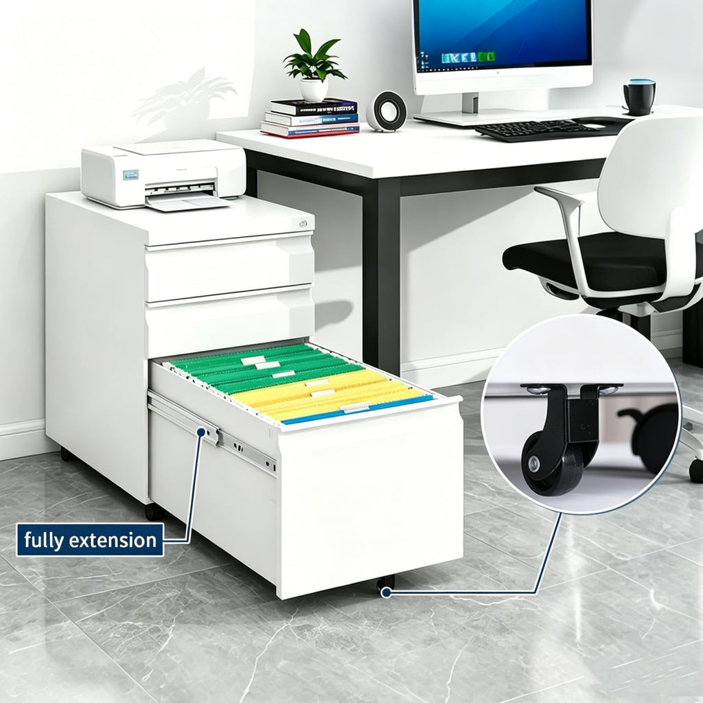 3-Drawer Metal Filing Cabinet with Lock, Pre-assembled Rolling File Cabinet on Casters, Under Desk Storage Organizer for Home Office, Fits Letter/Legal/A4 Files, 15.4"L x 19.7"D x 23.6"H（White）