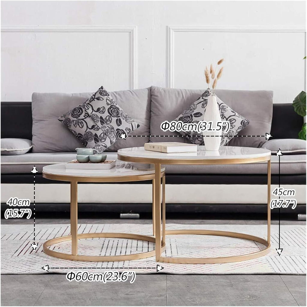 Nesting Tables，Gold Iron Base and White Marble Top Set of 2，70cm+55cm(80cm+60cm)