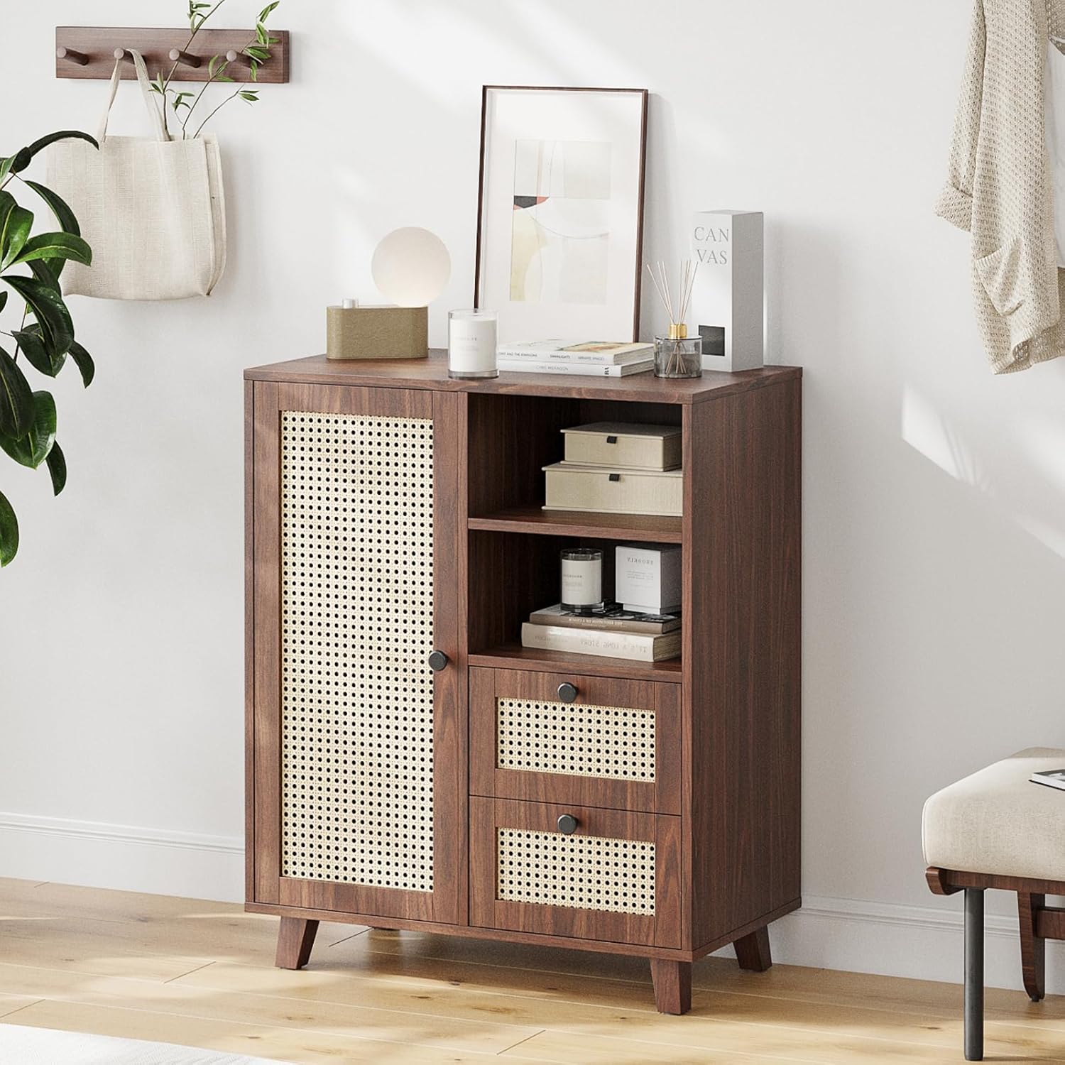 Farini Side Buffet Cabinet with Rattan Doors,Kitchen Sideboard with 2 Drawers Coffee Bar Storage Console Table,Walnut,27.6 inch