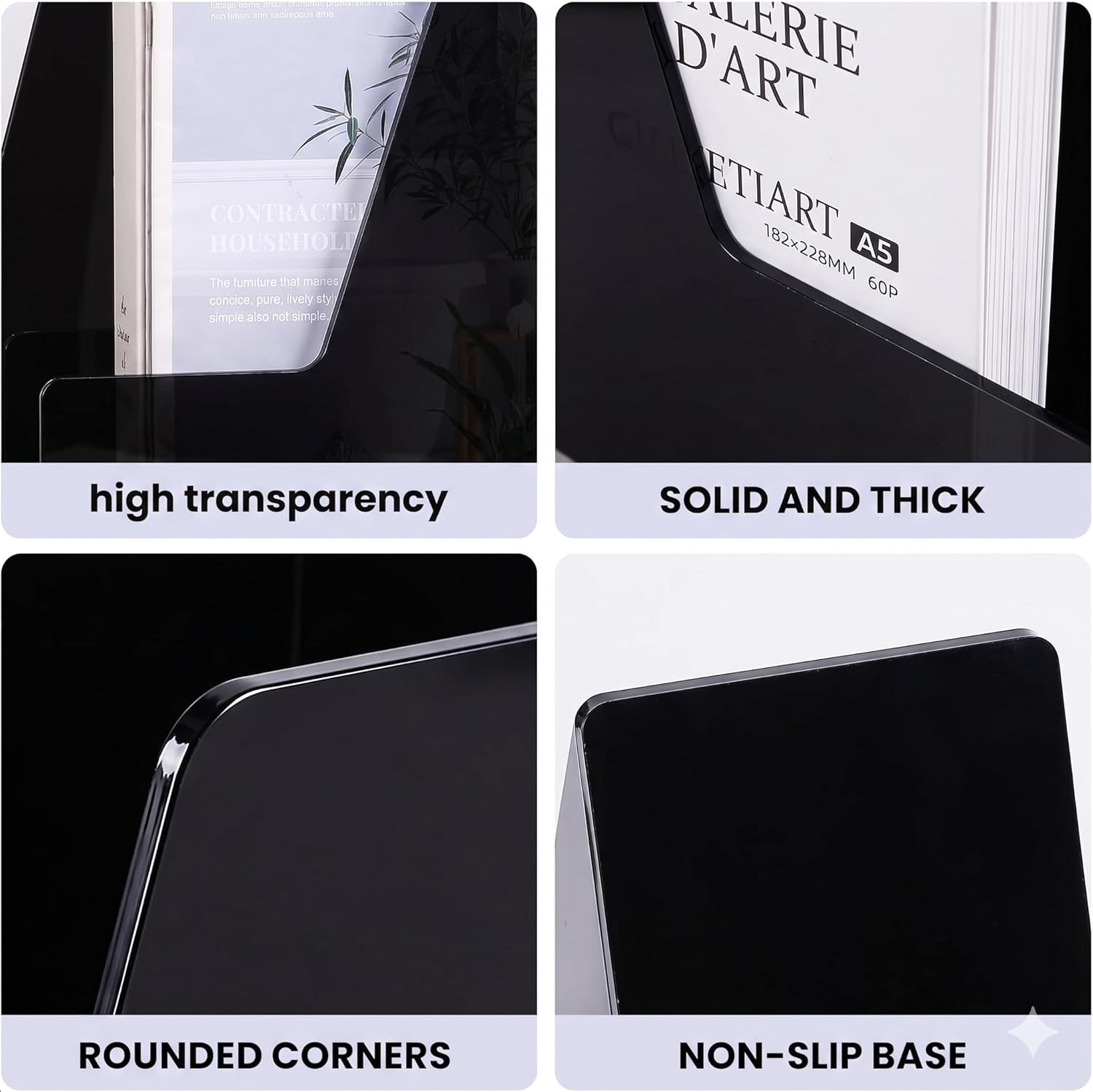 LALOBLUE 4 Pack Black Vertical Magazine File Holder Desk Organizer Bins | Plastic, Holds Magazines, Binders, Notebooks, Envelopes, 4 Pack Black Vertical Magazine File Holder Desk Organizer Bins