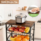 5-Tier Utility Kitchen Cart Storage with Pull-Out Baskets and Wood Top,Heavy Duty Multi Rolling Pantry Kitchen Cart on Wheels for Fruit Potato Onion Vegetable Snack Produce,Black