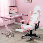 Massage Gaming Chair w/Footrest Video Racing Chair PC High Back Desk Computer Chair PU Leather Recliner w/Headrest and Lumbar Pillow, Pink-White