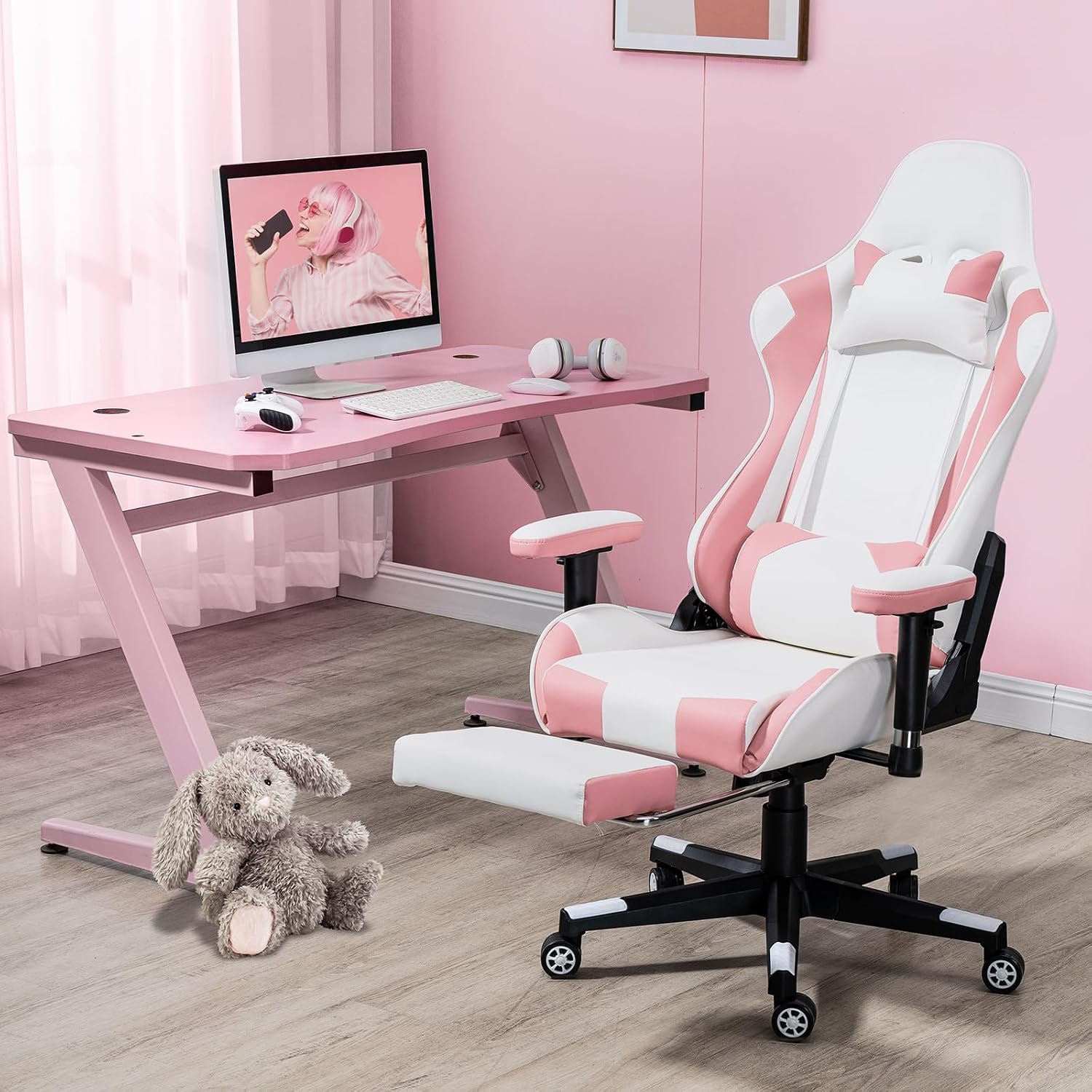 Massage Gaming Chair w/Footrest Video Racing Chair PC High Back Desk Computer Chair PU Leather Recliner w/Headrest and Lumbar Pillow, Pink-White