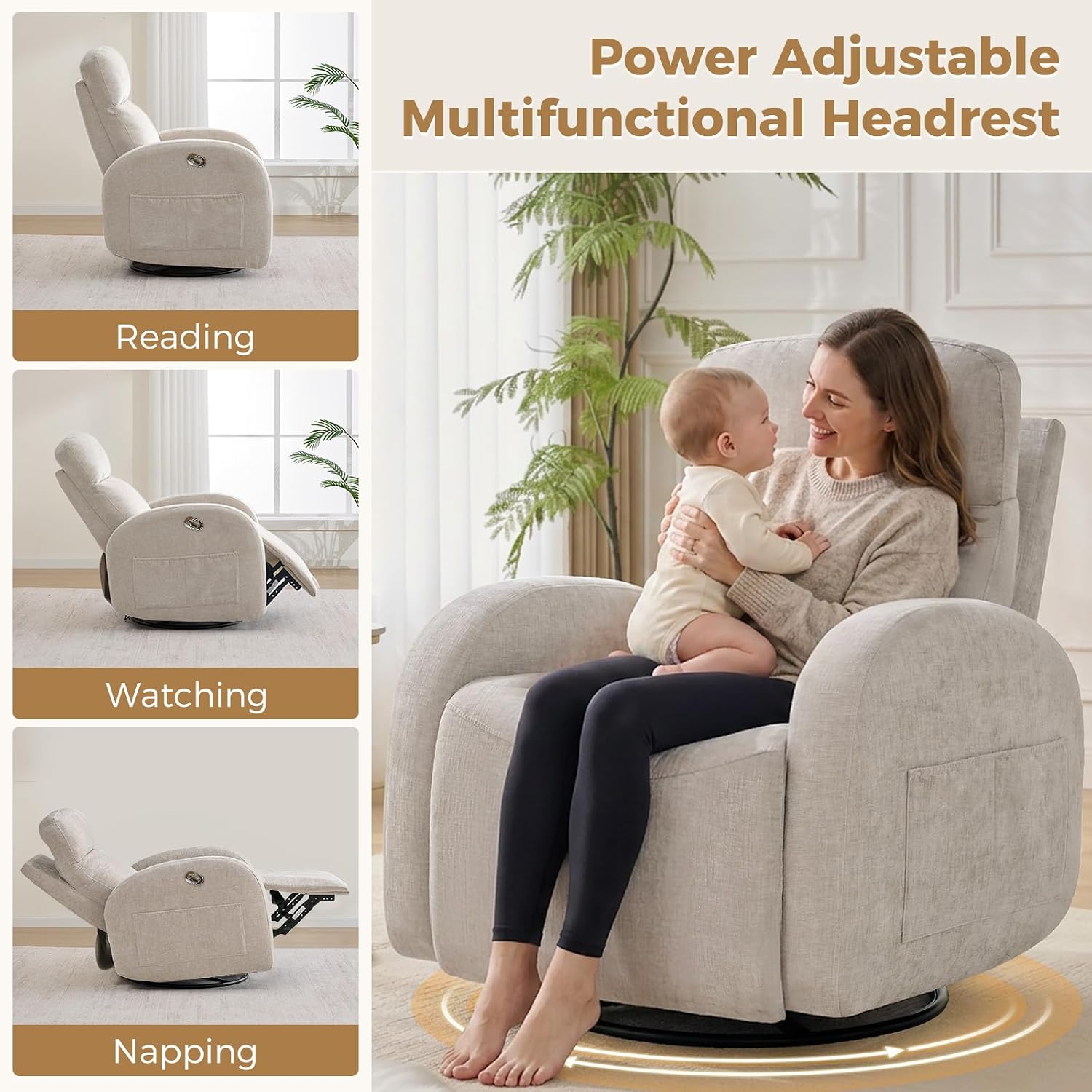 Swivel Rocker Recliner, Manual Swivel Recliner with Adjustable Headrest, Glider Rocking Reclining Nursery Chairs for Small Space, Living Room, Bedroom, Chenille Camel