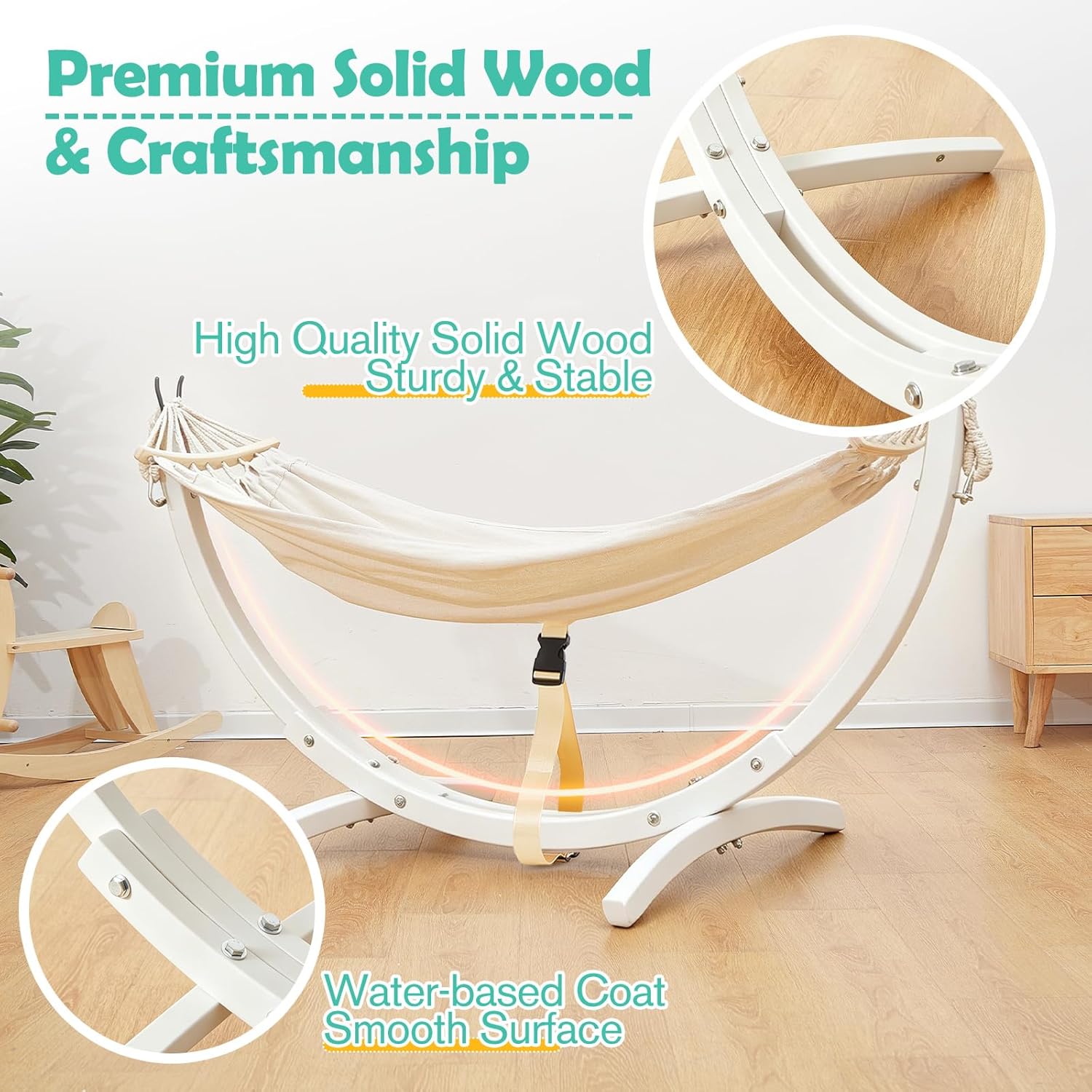 FUNLIO Wooden Hammock with Stand for Kids 3-5 Years (Height < 3.9ft/120cm), Premium Solid Wood Kids Hammock Chair Stand, Stable Structure, Wider & Longer Children Hammock, 220lbs Capacity - White