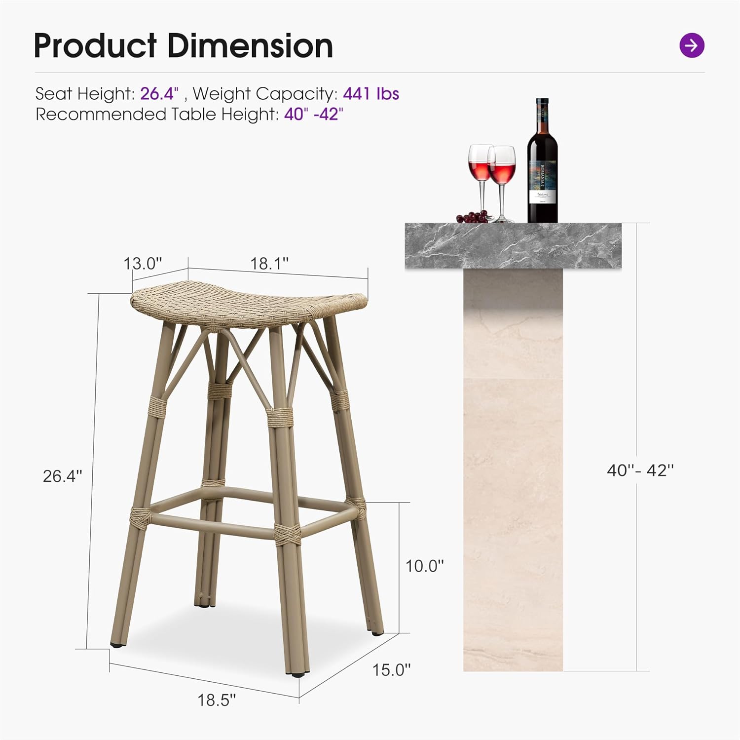 PURPLE LEAF Outdoor Bar Stools Set of 2 Backless 26" Counter Height Rattan Barstools with Saddle Seat and Footrest All Weather Aluminum Bar Chairs for Patio Kitchen Island Pool Balcony, Taupe