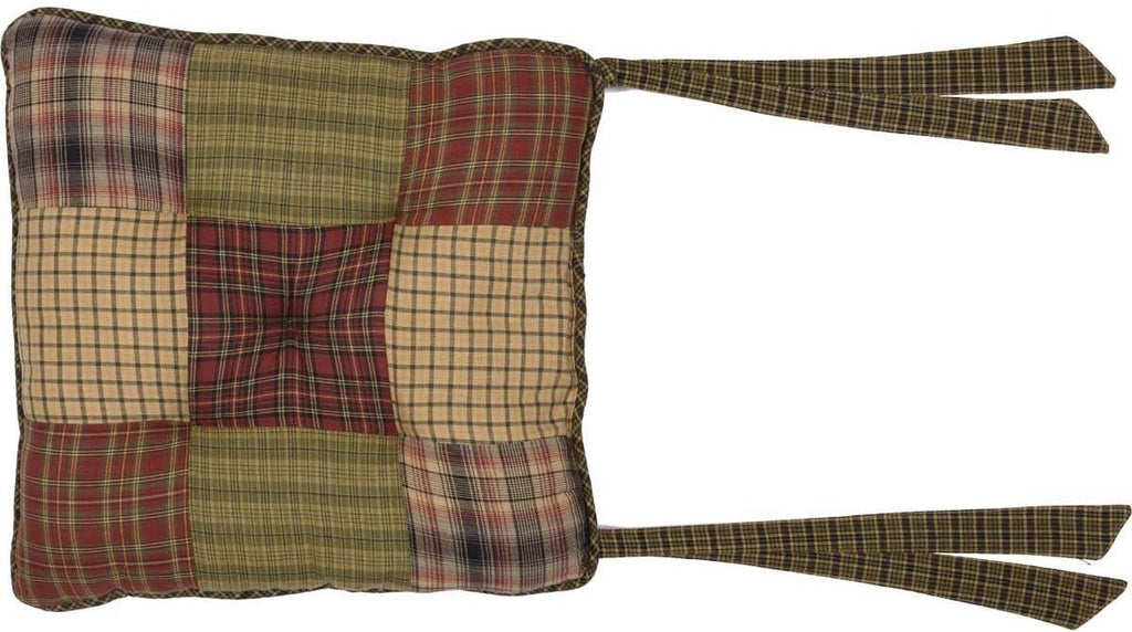 VHC Brands Tea Cabin Chair Pad Patchwork Log Cabin Country Rustic Lodge Design, Moss Green and Deep Red, Set of 4