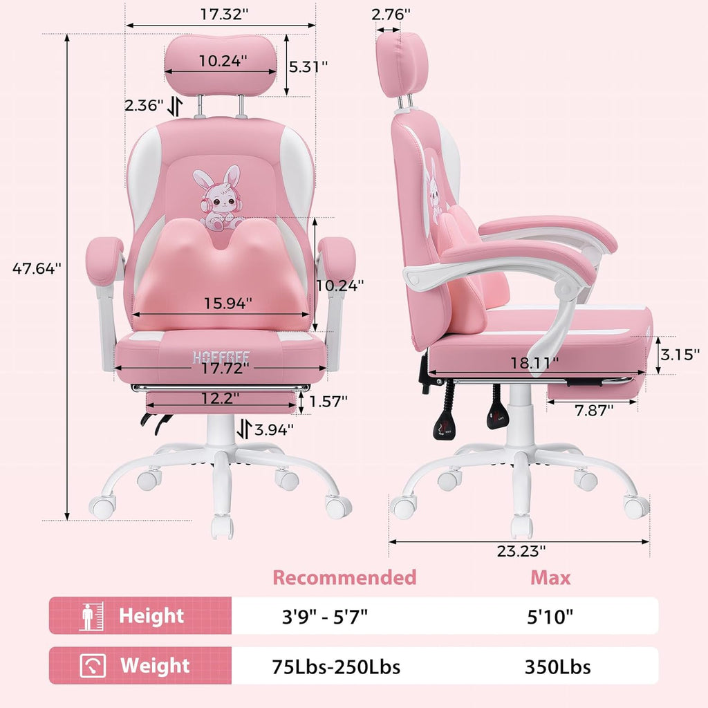 HOFFREE Kids Computer Gaming Chair for Girl with Cute Bunny Massage Lumbar Pillow Kids Pink Desk Office Chair with Adjustable Headrest and Footrest for Teen Girls