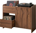 Bifins Record Player Stand with Drawer and Door, Mid Century Modern Turntable Cabinet with Vinyl Storage, Wood Record Player Table for Living Room & Music Room (Walnut)