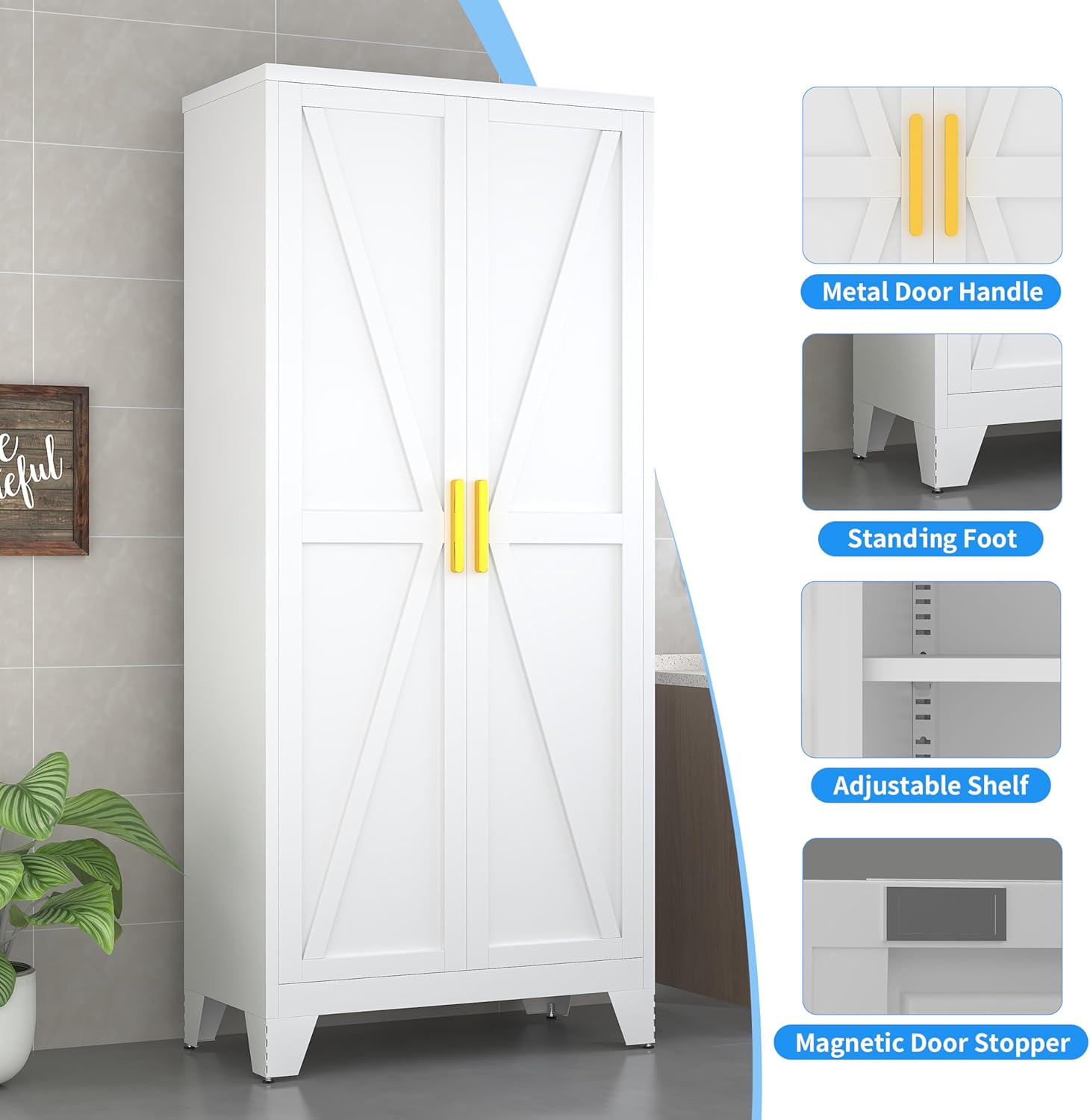 61" Tall Pantry Cabinet, White Metal Pantry Storage Cabinet, Kitchen Pantry Storage Cabinets with 2 Door and 3 Adjustable Shelves (White, 61" Modern)