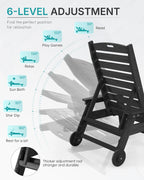 Patio Chaise Lounge Chair Set of 2, Oversize Lounge Chairs with Wood Texture& Rolling Wheels, HDPE 6-Position Plastic Lounge Chairs for Poolside, Patio, Deck, Beach,Black