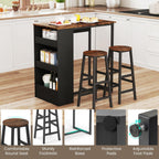 COSTWAY 3-Piece Bar Table Set, 36" Counter Height Breakfast Table with 3 Storage Shelves & 2 Round Stools, Rectangular Kitchen Table Set for 2, for Dining Room, Living Room, Rustic Brown and Black