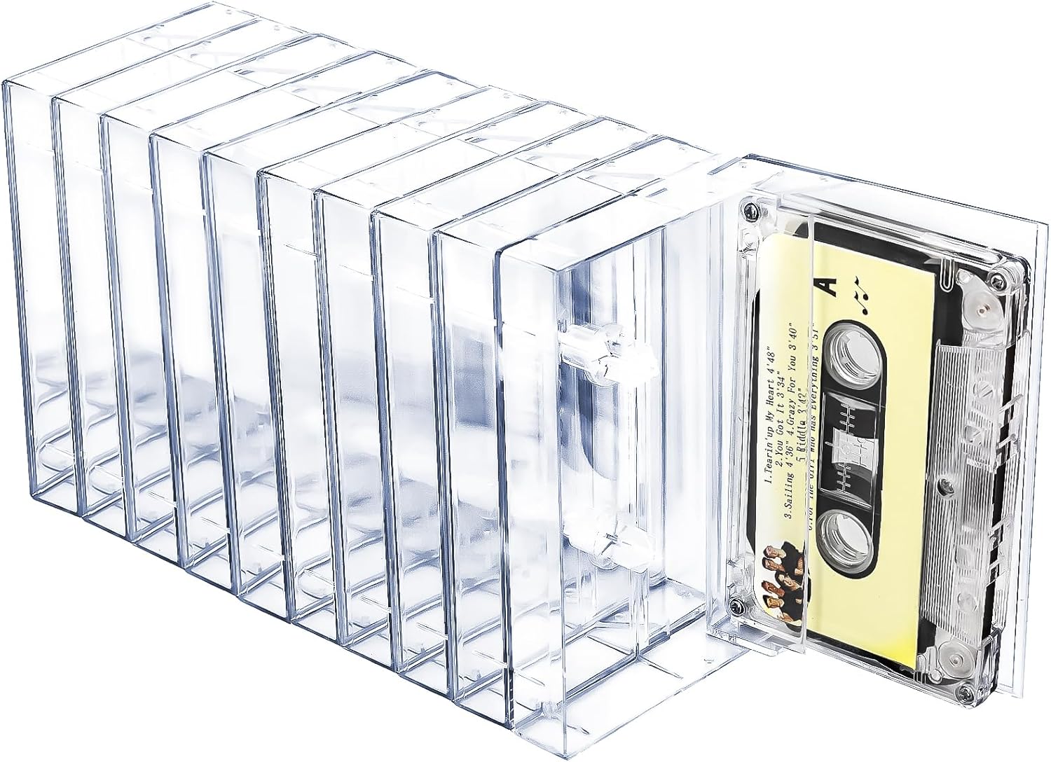 Snado 10-Pack Cassette Tape Storage Cases & Holder - Clear Plastic Audio Cassette Organizer with Anti-Scratch/Dust Protection, Classic Norelco-Style Replacement Boxes (4.28" L x 2.75" W x 0.6" H)