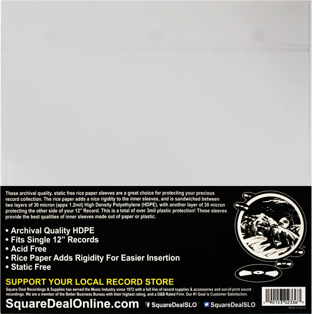 (100) 12 Inch Record Inner Sleeves - 3-Layers of Archival Quality, Anti-Static HDPE with Rice Paper Enclosed Insert for Extra Rigidity #12IM