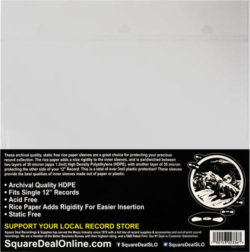(100) 12 Inch Record Inner Sleeves - 3-Layers of Archival Quality, Anti-Static HDPE with Rice Paper Enclosed Insert for Extra Rigidity #12IM