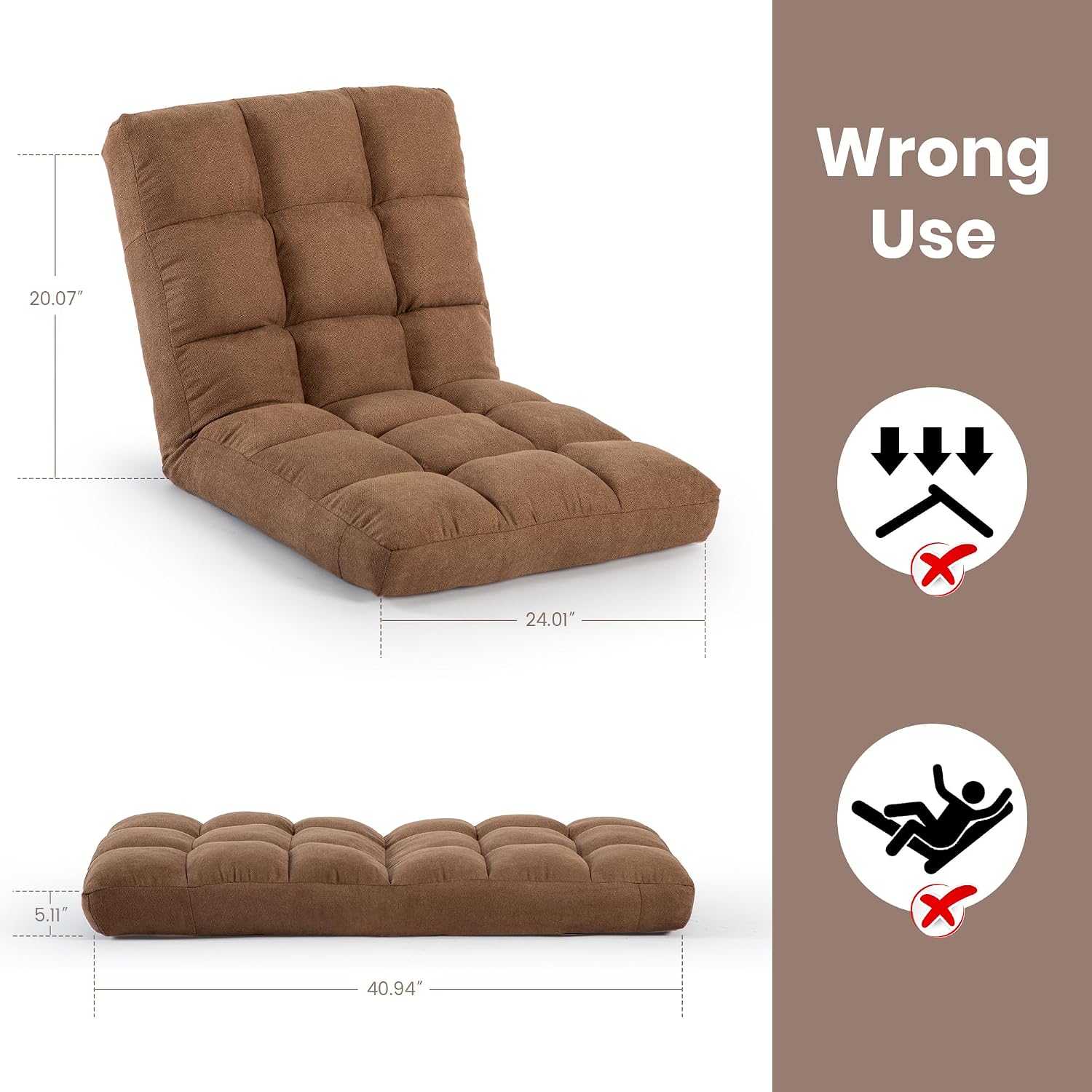 Floor Chair, 24 inches Wide Oversized Velvet Armless Lay Flat Floor seat Padded Meditation Chair with 6 Adjustable Position Ergonomic Comfortable Convenient (Casual, LRSF-006-TAN)
