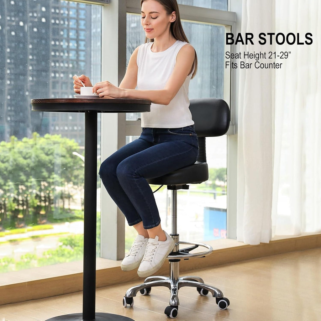Kaleurrier Rolling Stoools with Back Rest, Swivel Adjustable Heavy Duty Stool Chair for Salon Kitchen Counter Lab Garage Dentist Office Drafting Standing Desk - with Wheels(Black with Footrest)