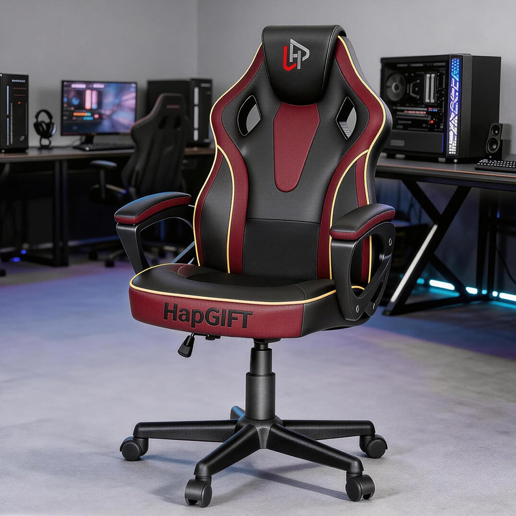 HapGIFT Computer Chair, Racing Style Gaming Chair with Link Armrest, Ergonomic PC Office Chairs for Adults Teens, Height Adjustable Video Game Chairs for Home, Swivel PC Chair, 300lbs (BLACK RED)