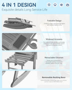 Adirondack Rocking Chair with Retractable Ottoman and Cup Holders, HDPE Adirondack 4-in-1 Multifunctional Rocker Patio Rocking Chair for Porch, Patio, Balcony, Leaden,Grey