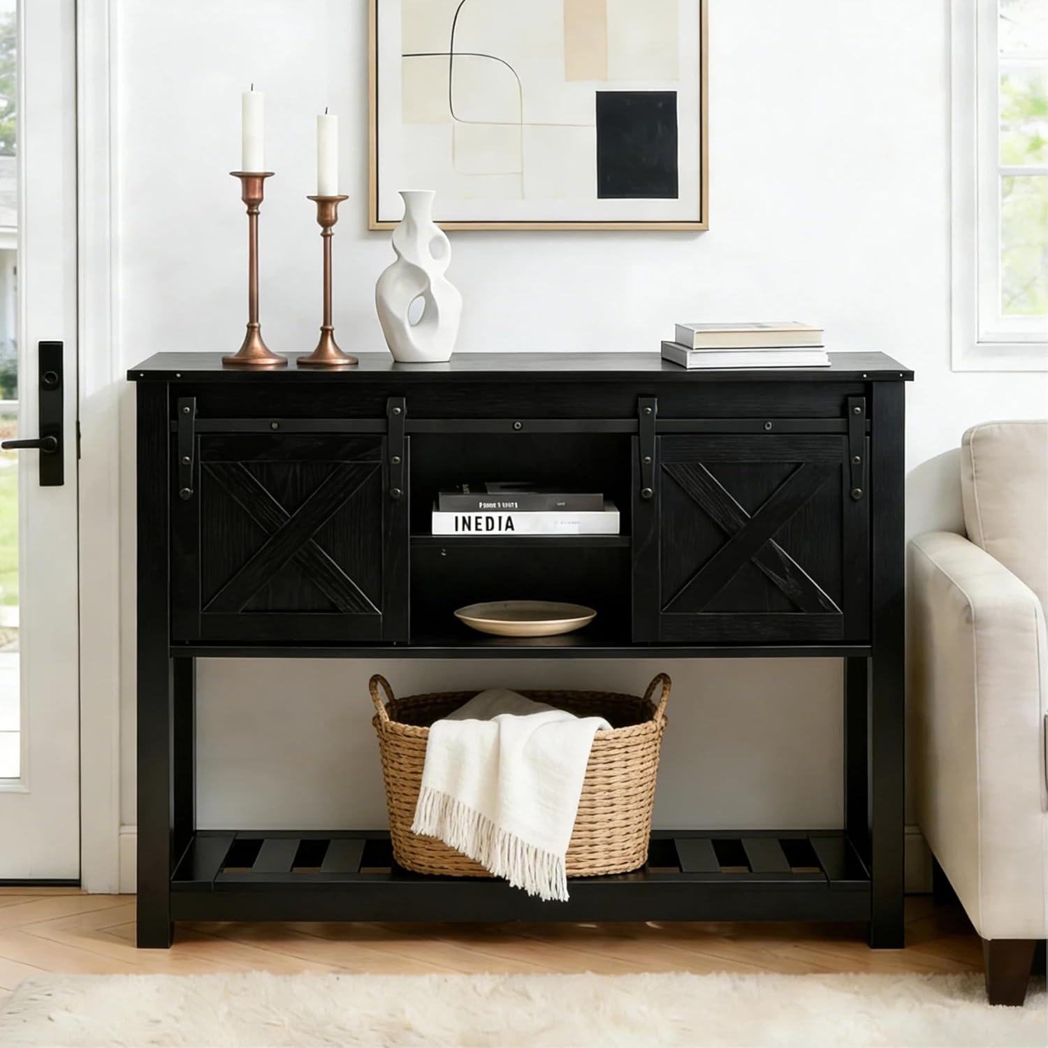 Entryway Table with Storage, Farmhouse Buffet Cabinet Coffee Bar Kitchen Island with Sliding Barn Doors & Shelves, Console Table for Kitchen, Dining Room, Living Room, Black