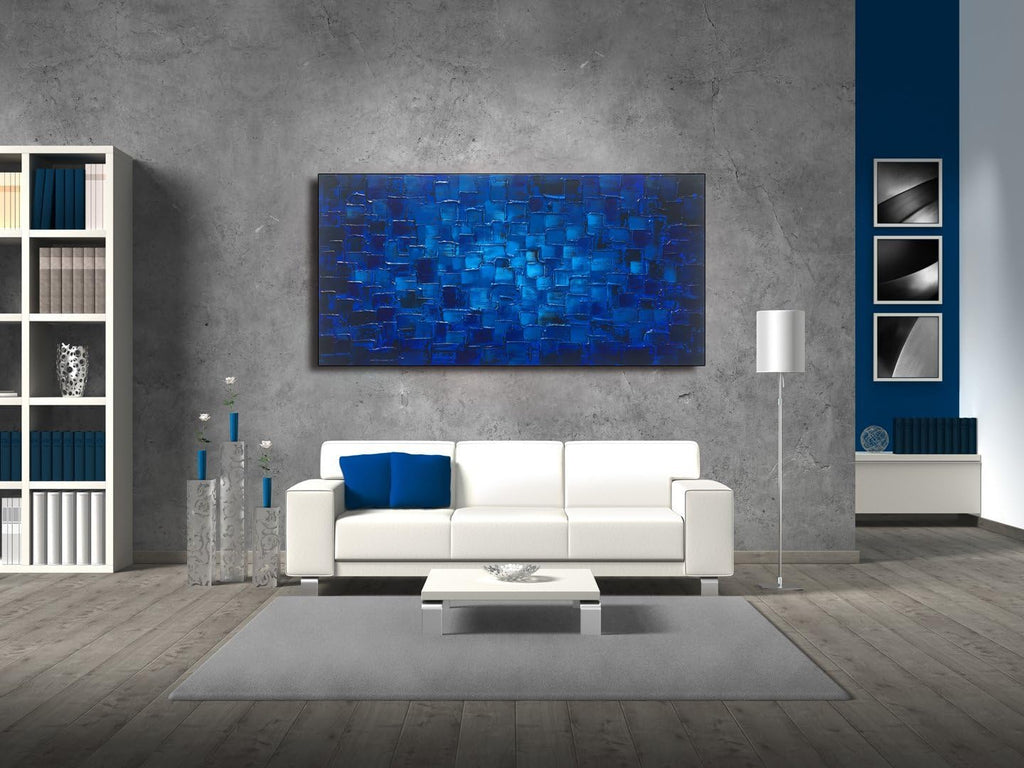 MyArton Textured Abstract Squares Canvas Wall Art Hand Painted Modern Dark Blue Oil Painting Picture for Home Decoration Ready to Hang 40x20inch