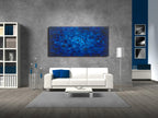 MyArton Textured Abstract Squares Canvas Wall Art Hand Painted Modern Dark Blue Oil Painting Picture for Home Decoration Ready to Hang 40x20inch