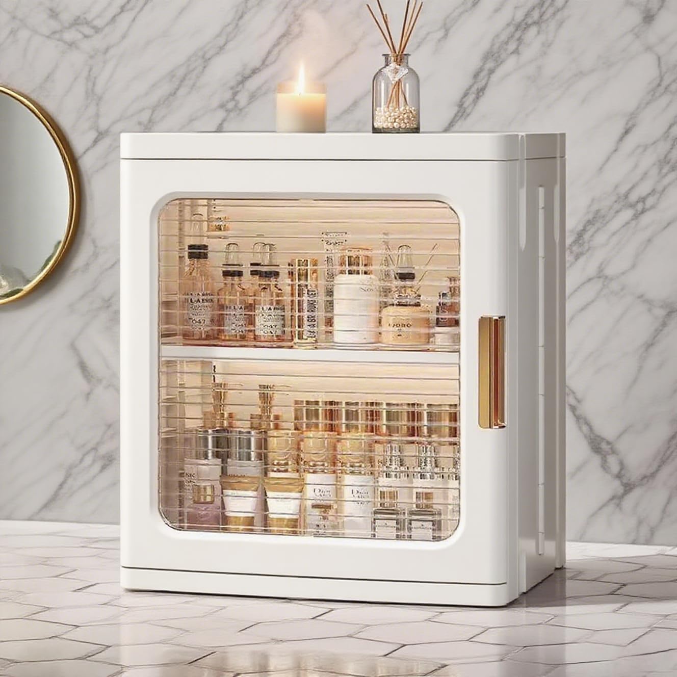 Countertop Storage Cabinet with Door and Shelf Mini Foldable Small Cabinet Organizers and Storage for Bathroom Pantry Bedroom, White(1 Layer)