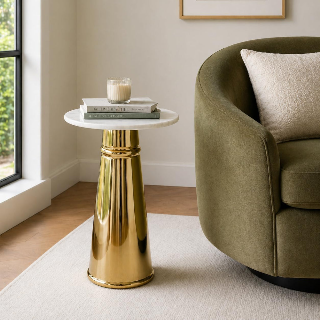 Gold Side Table with White Marble Top | Decorative Modern End Table | Pedestal Metal Base | Accent Table for Living Room | 14x14x24