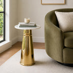 Gold Side Table with White Marble Top | Decorative Modern End Table | Pedestal Metal Base | Accent Table for Living Room | 14x14x24