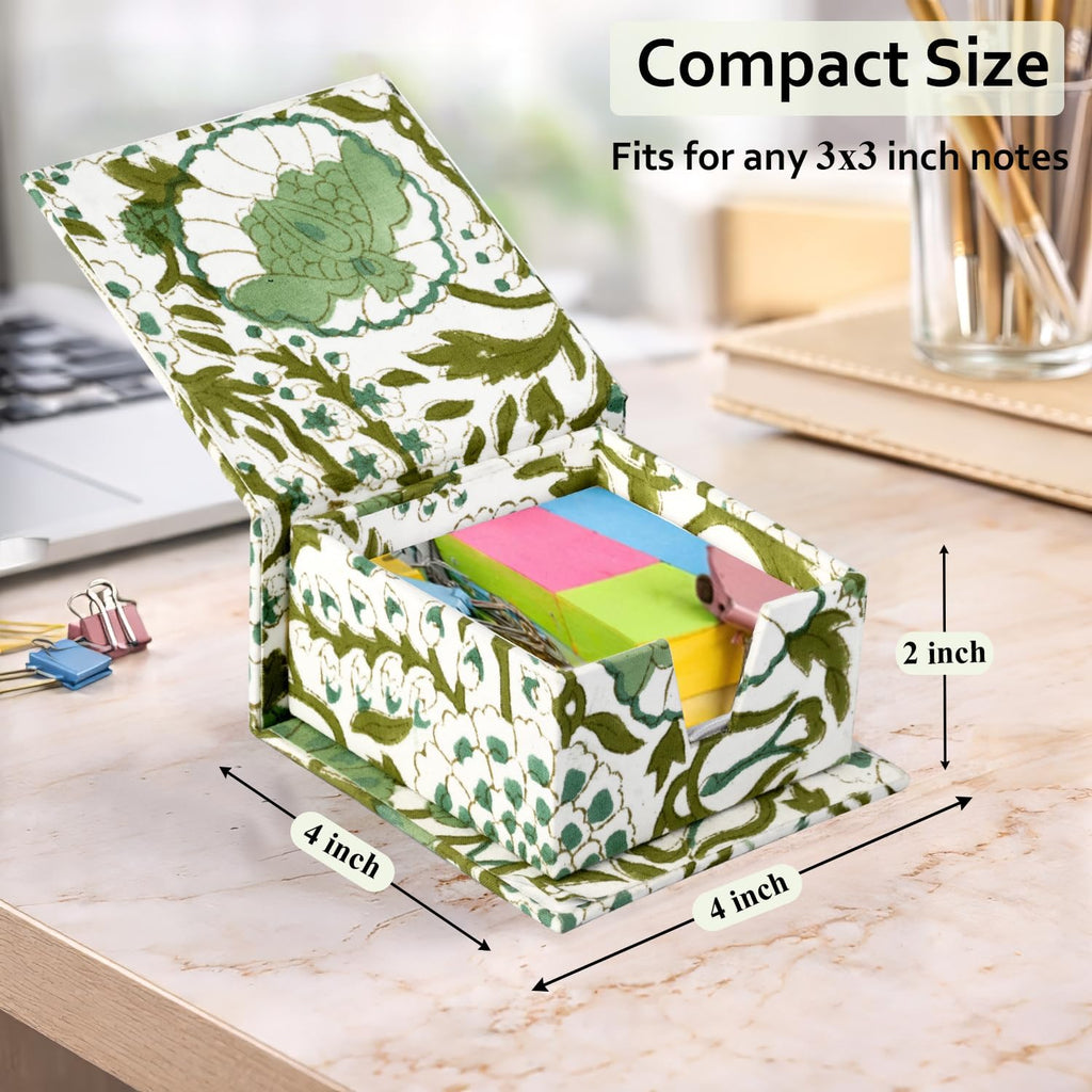 CPC Agate Green Block Print Cotton Desk Organizer Sticky Note Holder, 4'' X 4'' X 2'' Cute, Aesthetic, Decor Accessories, Workspace Organizers, Caddy Storage, Gift for Office, Professionals, Student