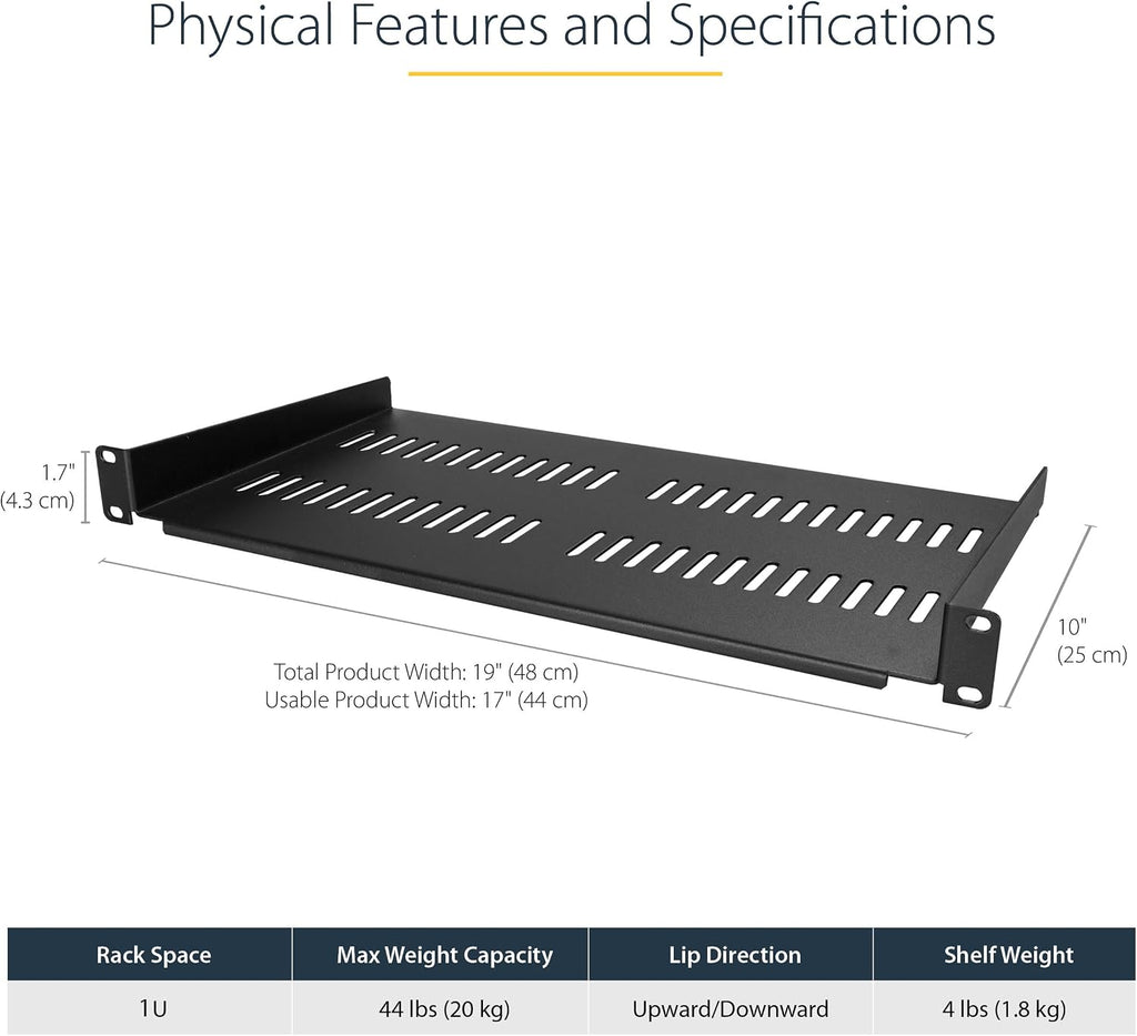 StarTech 2-Pack 1U Server Rack Shelf, Vented Rackmount Cantilever Tray for 19" Network Rack or Cabinet, Heavy-Duty 10" (25cm) Deep, Up to 44lb (20kg) Each